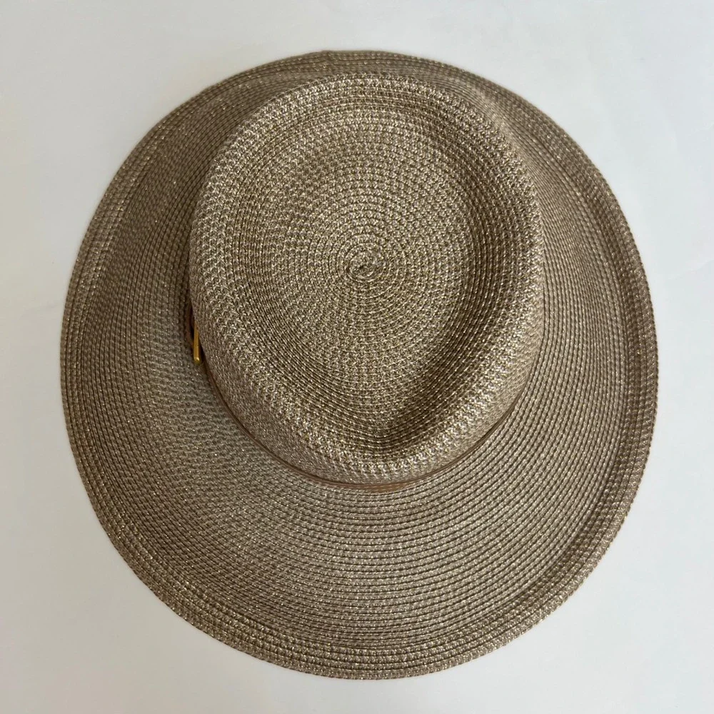Eric Javits New York Squishee Straw Hat Gold Tan Wide Brim Buckle Packable